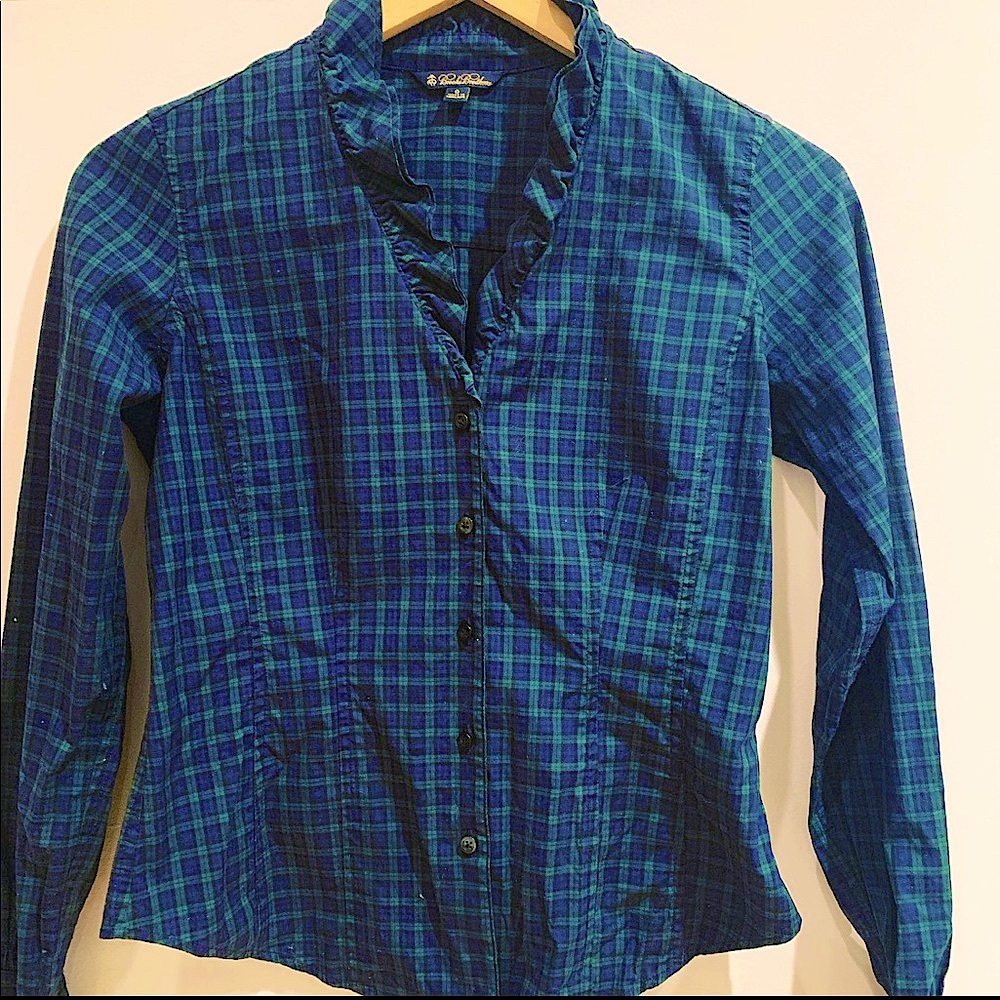Brooks Brothers Black Watch Plaid Button Down with Ruffled Collar
